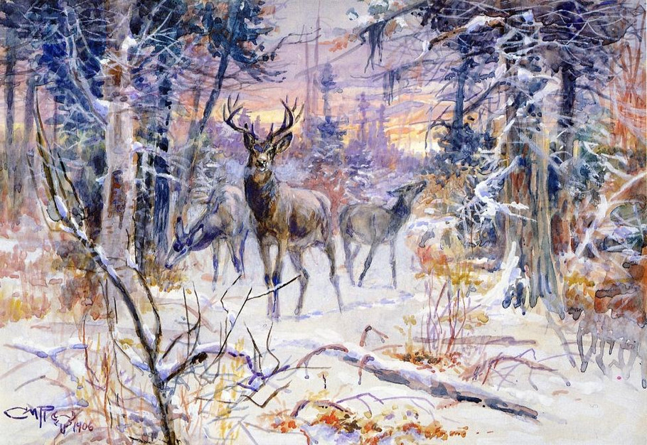Deer in a Snowy Forest - Charles Marion Russell Paintings